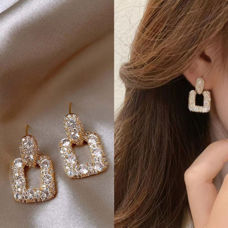 Anting Tusuk Gantung Desain Geometri Hias Berlian Gaya Jepang / Korea / Perancis / Simple / Elegan Untuk Wanita