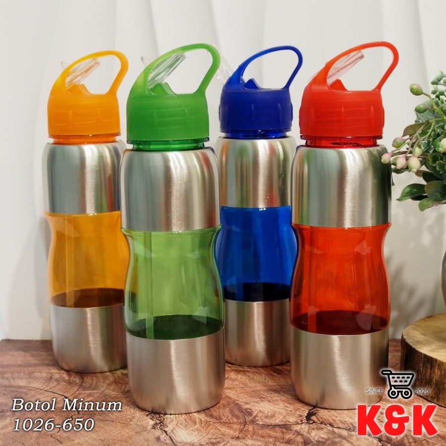 Botol Minum Plastik Dan Stainless Steel Plus Sedotan Lipat Portable 750ml
