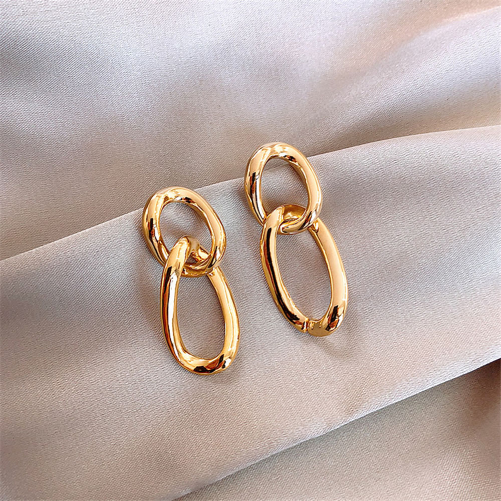 【COD Tangding】Anting Rantai Bentuk Bulat Ganda Warna Emas