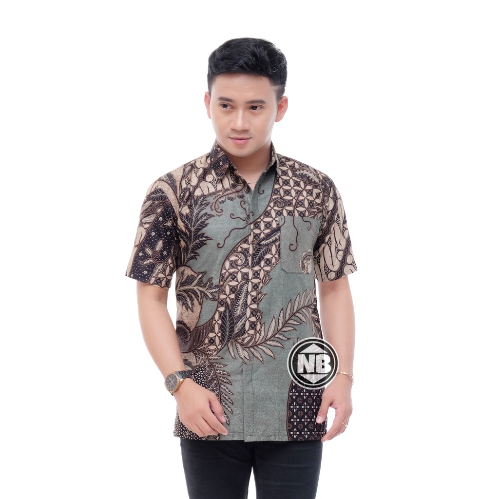 022 Zahira Batik HRB026 Kenongo Hem Kemeja Batik Pria Lengan Pendek  Katun Primis Halus M L XL-Kate hijau