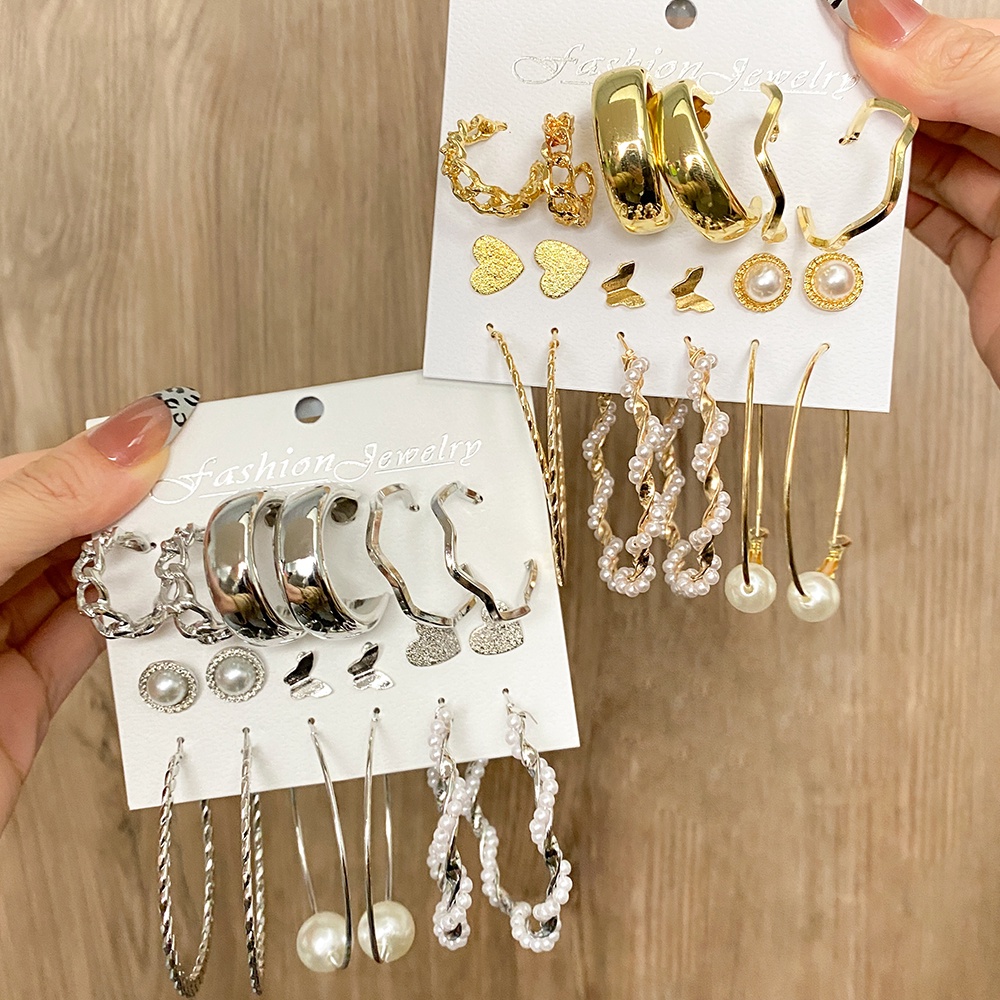 18pcs / Set Anting Mutiara Bentuk Lingkaran Geometris Warna Emas Untuk Wanita