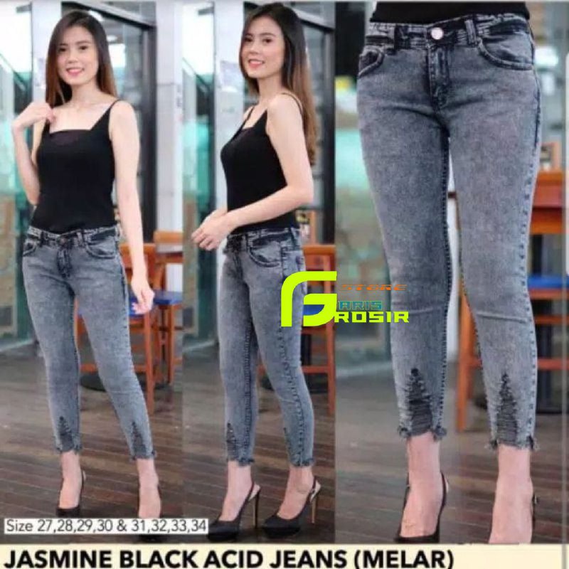 Celana Jeans 7 9 Wanita Sobek Snow Black Blue Skinny Jeans 7/9 Sobek Cewek Terbaru