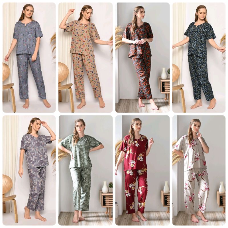 ONE SET PIYAMA RAYON STELAN CELANA PANJANG LENGAN PENDEK SLETING AKTIF-1