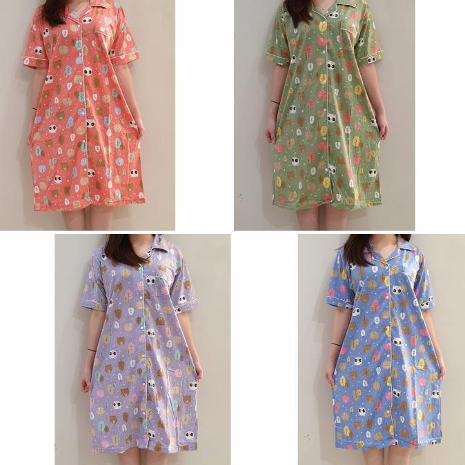 Daster Lengan Pendek Anne Claire Eksklusif/Full Kancing/Kepala Bear