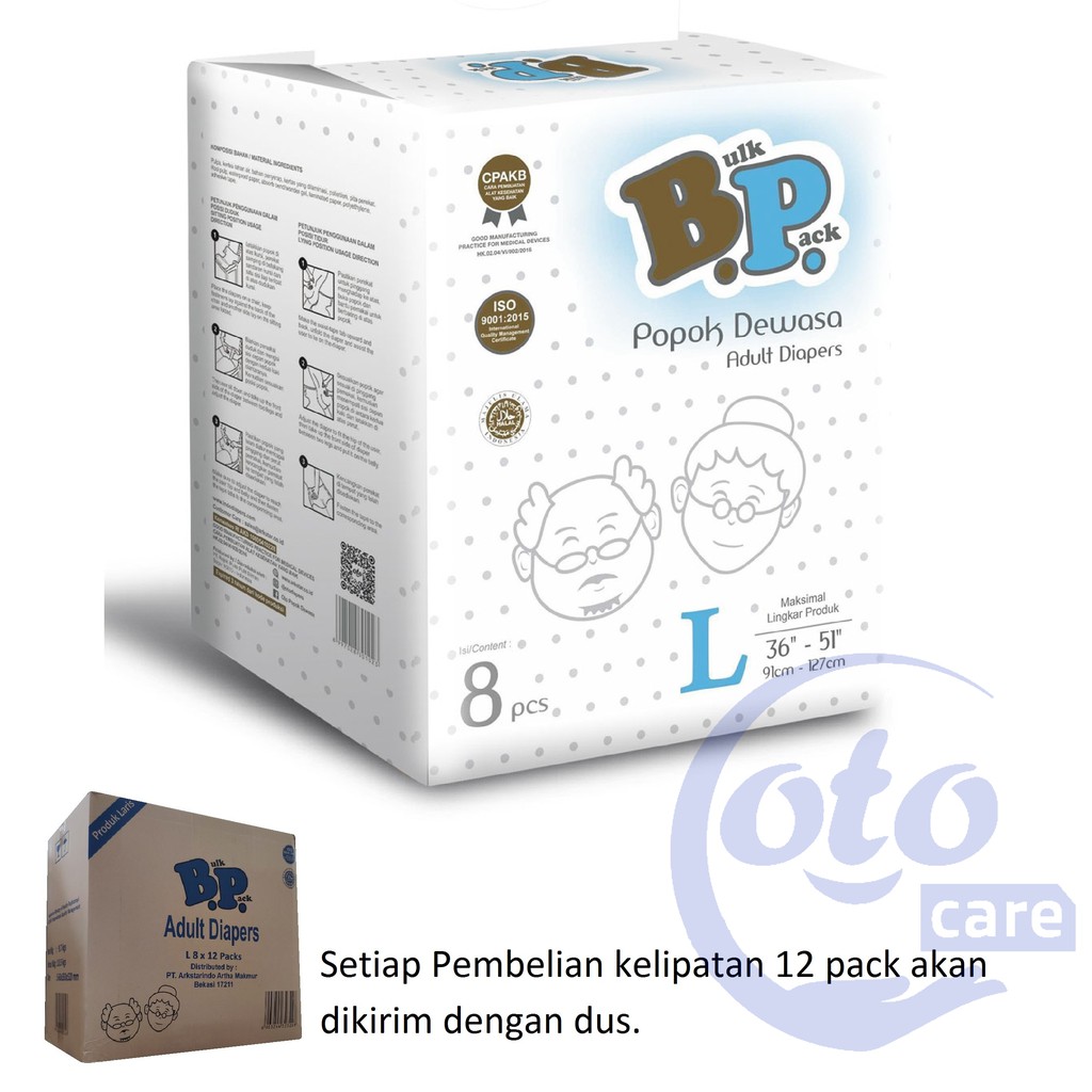 BP Popok Dewasa model Perekat Adult Diapers ukuran M / L / XL isi 8 / 6 pcs