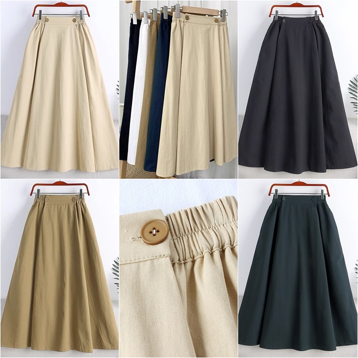 ROK PANJANG FASHION MUSLIM -NATHAS SKIRT LINEN KARET KANCING OUTFIT KULIAH -BAWAHAN WANITA ROK'