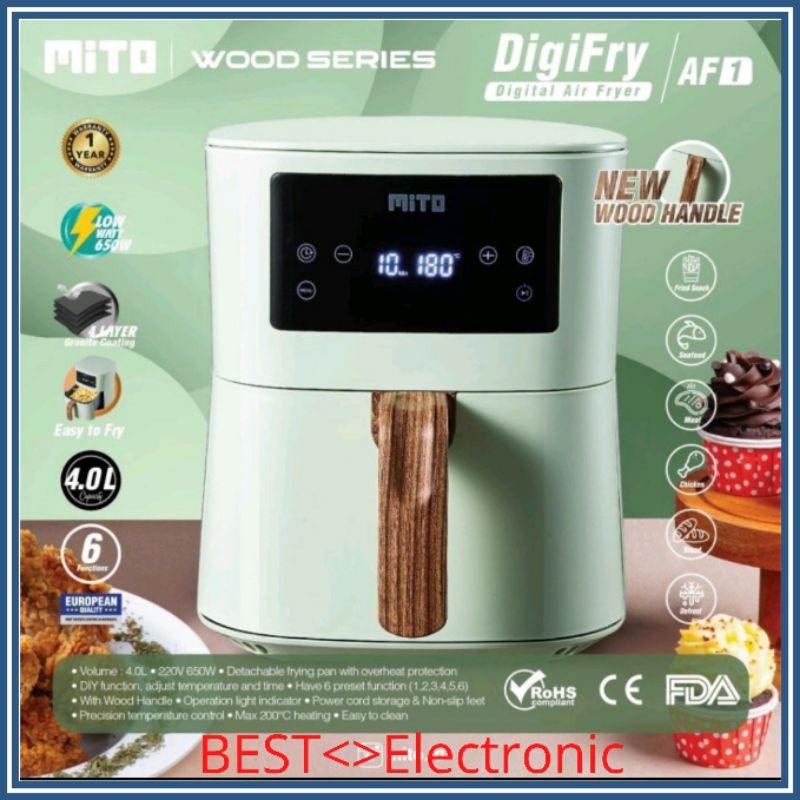 MITO Air Fryer AF1 Digital Low Watt 650w New Wood Series 4 liter - Hijau Tosca