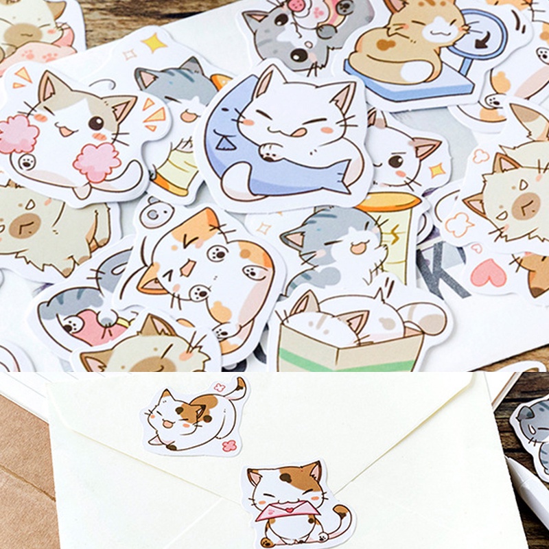 46 Pcs Japanese Cartoon Cat Seal Sticker Diary Notebook Decoration Sticker Set