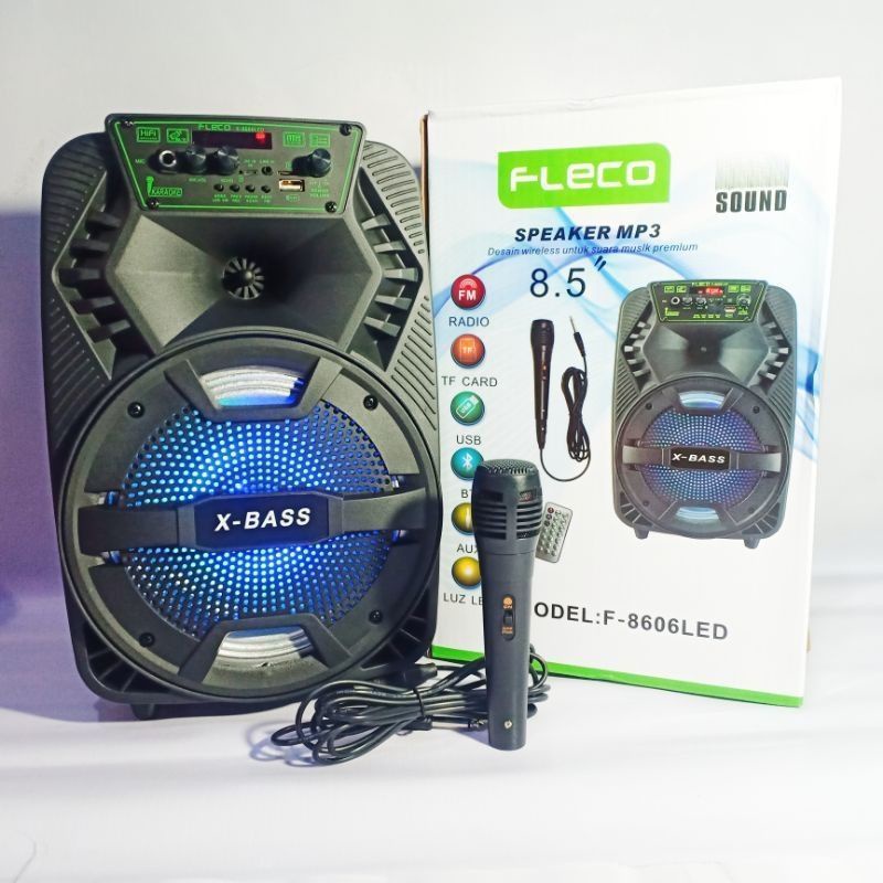 0Speaker Bluetoot FLECO F-8606 / F-8608 LED X- BASS 8.5 Inchi Bonus mic