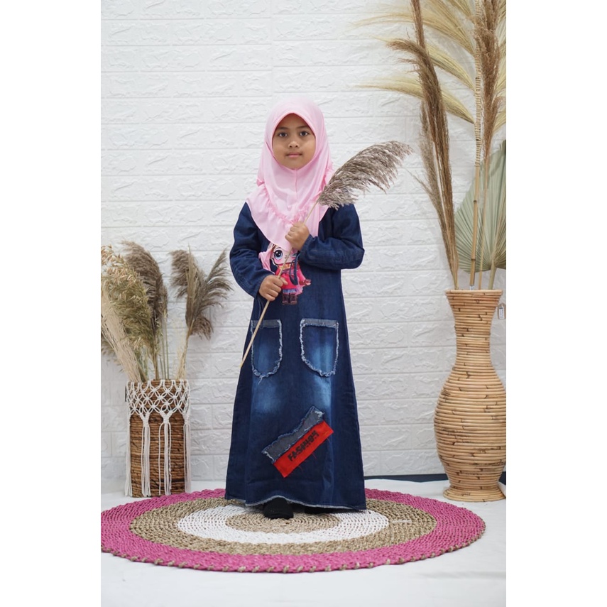 gamis jeans LOL LED anak plus kerudung dan tas 2-10thn