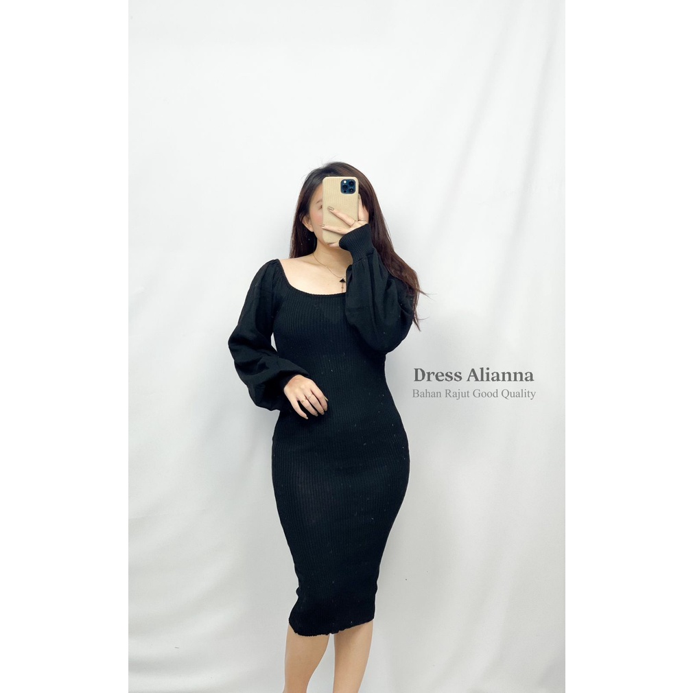 HOPYLOVY - Dress Alianna Bahan Rajut Fashion Wanita Model Lengan Balon