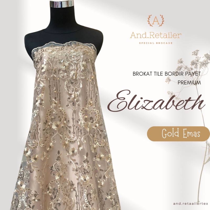 Bahan Kain Kebaya mewah Brokat Bordir Tile Payet Elizabeth Warna Gold