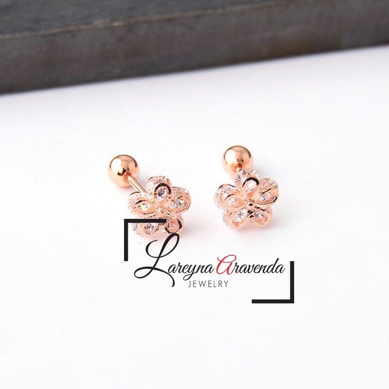 Anting Wanita Titanium Asli Bunga Crystal Kristal Zircon AAA ET002