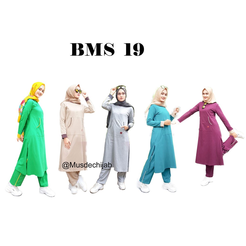 Set Baju Kaos  OlahRaga  Wanita Muslimah  BMS 19 Bahan Katun 