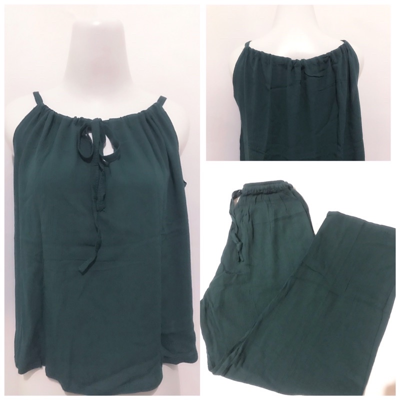 Setelan Wanita Kekinian Celana Panjang Hijau Tanpa Lengan Bali