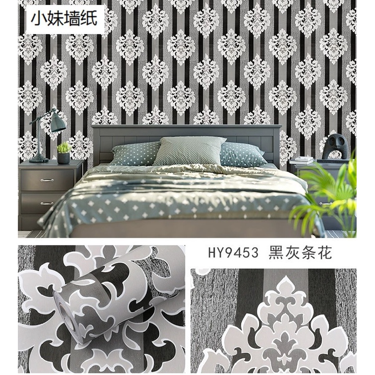 MARKASSHOP66--WALLPAPER DINDING BATIK SILVER GARIS HITAM ABU