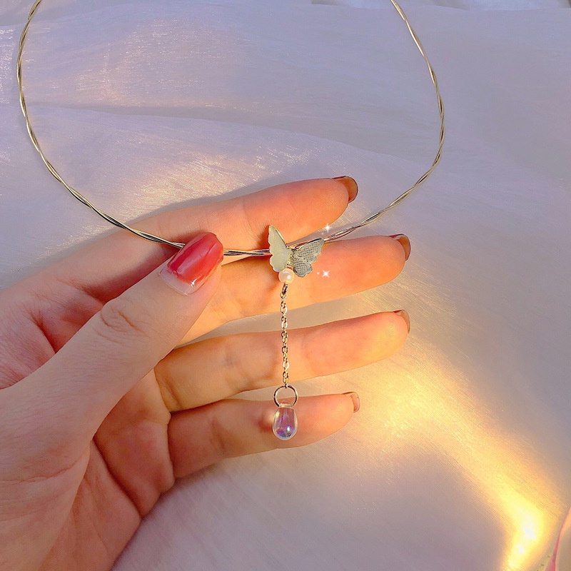 Kalung Choker Liontin Manik-Manik Kupu-Kupu Mutiara Gaya Korea Untuk Wanita