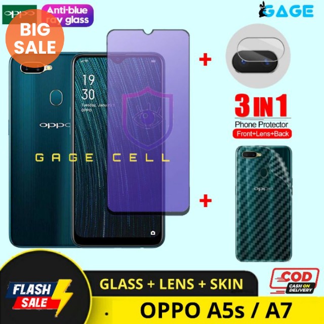 PROMO 3 IN 1 TEMPERED GLASS ANTI RADIASI BLUE LIGHT OPPO A5S A7 FULL LAYAR SCREEN PROTECTOR PREMIUM