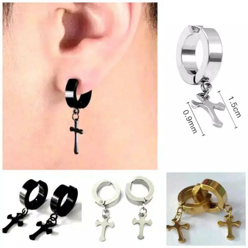 Anting jepit Warna Hitam & Silver Salib Titanium Cowok Cewek