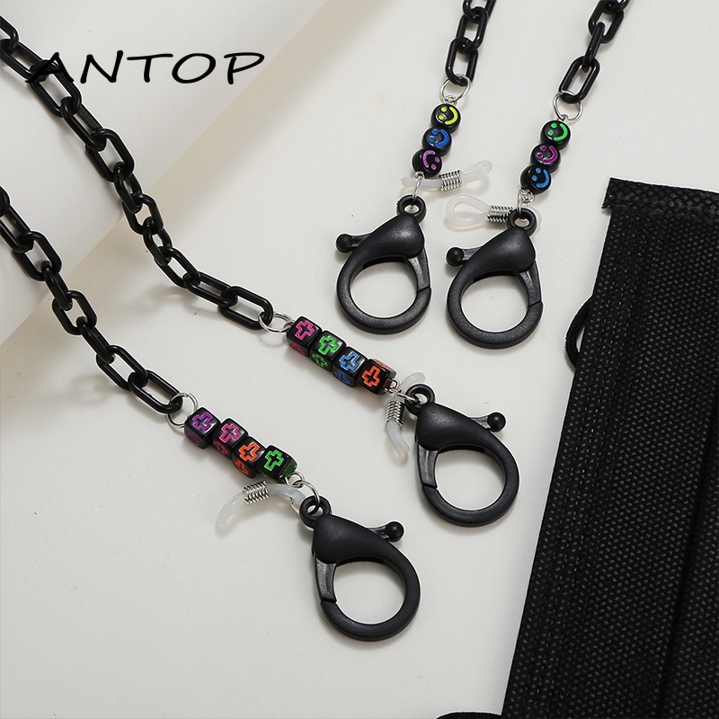 Hitam Smiley Face Mask Lanyard Acrylic Chain Lanyard Anti-Lost Face Mask Kalung Kacamata Rantai Aksesoris ANTOP