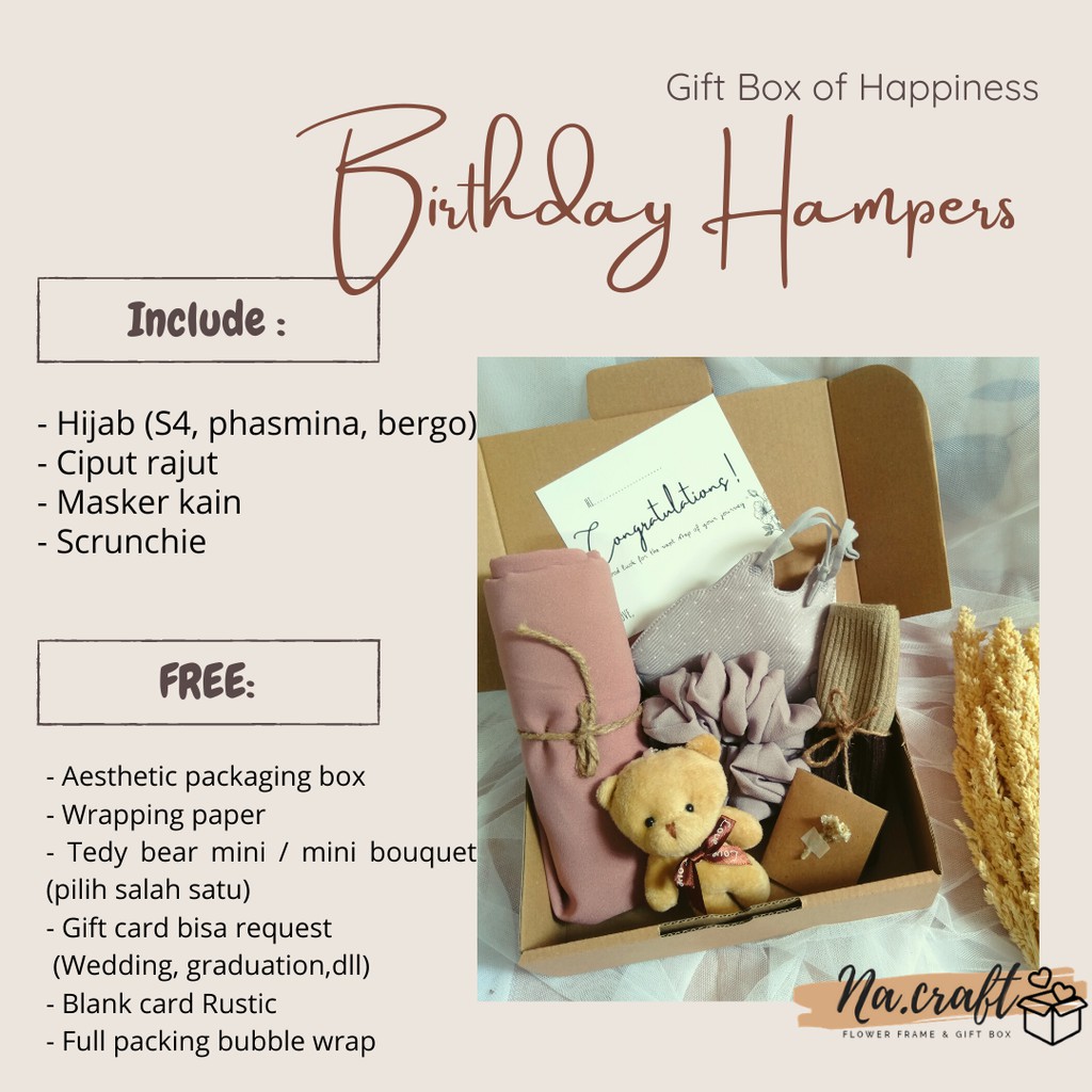 

Hampers Hijab/ Hampers Ulang Tahun Cewek/ Gift Box Ulang Tahun/ Hampers Ulang tahun/ Kado Ultah Cewek/ Gift Box Ultah/ Birthday Gift