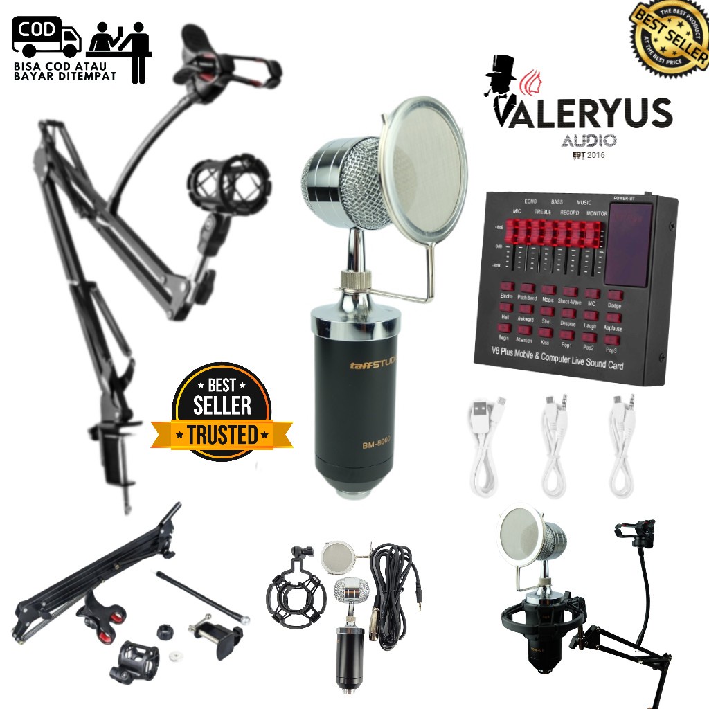 Microphone condenser bm 8000 + Soundcard v8plus + Stand arm supension - Paket BIGO / KARAOKE / YOUTU