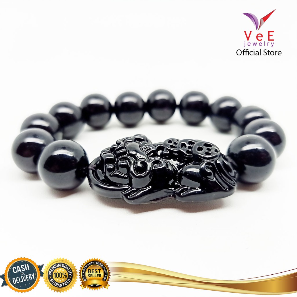 Gelang Batu Giok Hitam Black Jade Cina Asli 13mm Bandul Pixiu - VeE Gelang Pria Wanita Kesehatan