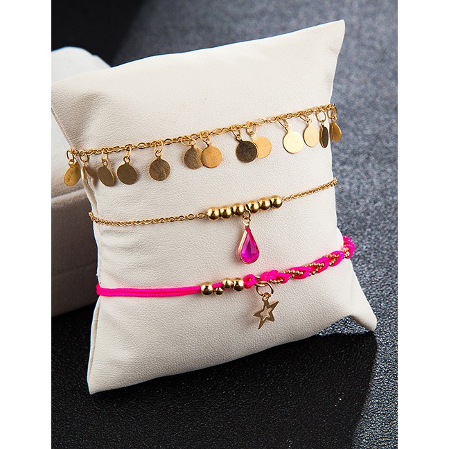 LRC Gelang Kaki Fashion Gold Alloy Disc Diamond Diamonding Hollow Line Rope Star Multilayer Anklet