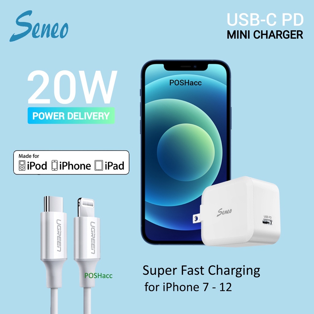 Seneo Wall Charger USB-C PD 20W Fast Charging for iPhone 12 Mini Pro Max 11 XS 8+ Samsung S20 S10 iP