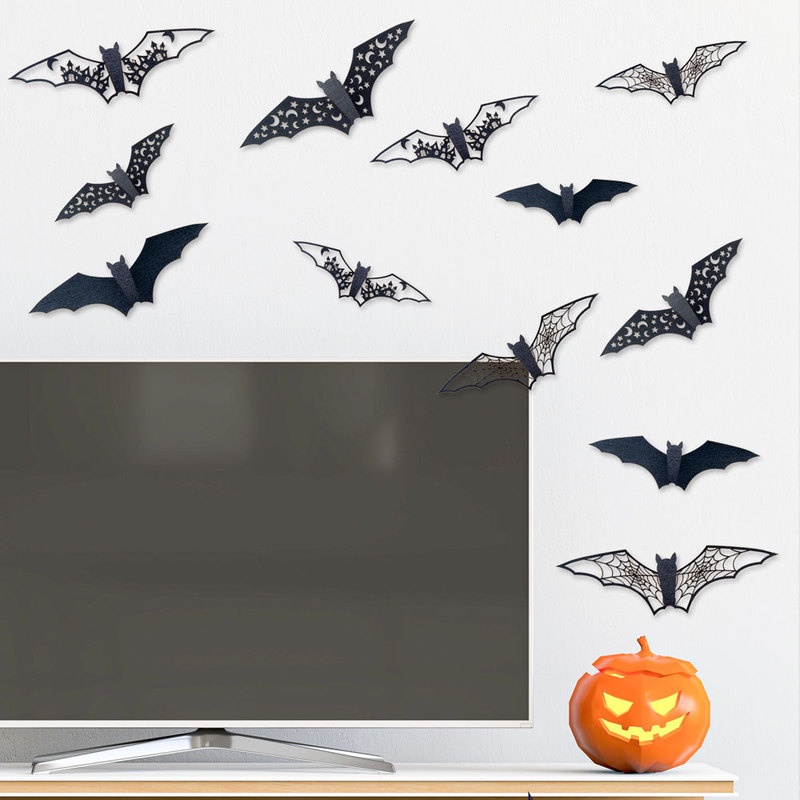 12 Pcs / Set Stiker Dinding 3D Model Kelelawar Hollow Warna Hitam Untuk Dekorasi Halloween