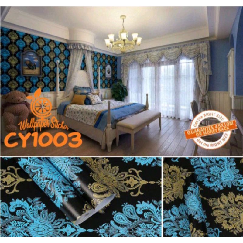 Wallpaper Stiker Dinding CY1003 Ukuran 8-9 Meter Motif Batik Biru Hitam Emas Klasik