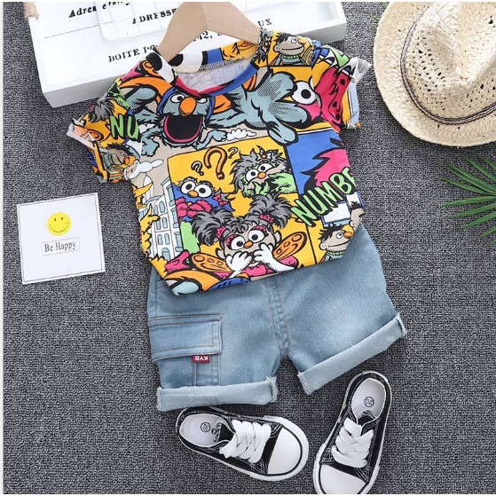 new arrival kaos + celana anak SET ELMO JEANS import Premium