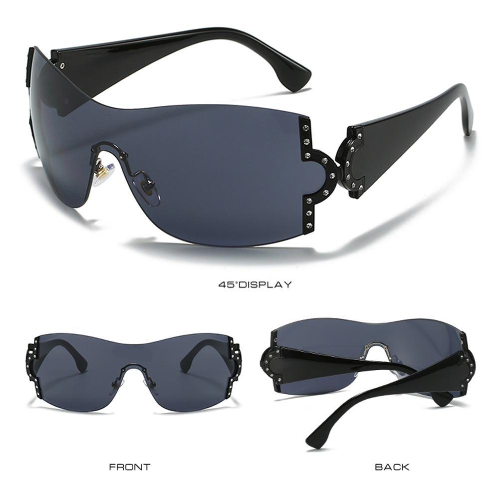 Lily Y2K Kacamata Hitam Futuristik Oversized Rimless Goggles 2000'S One Piece Sun Glasses