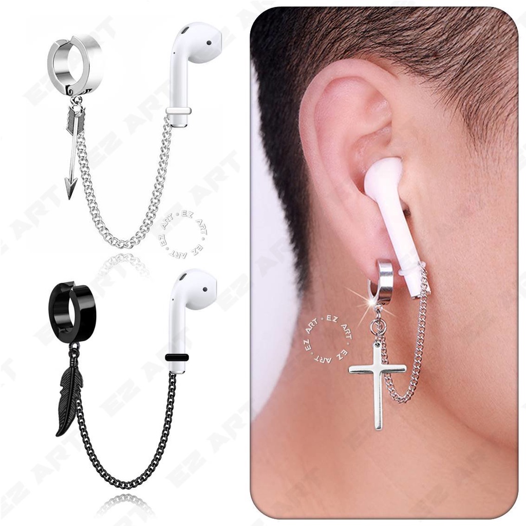 EZPOD ANTING ANTI-HILANG EARPHONE AIRPOD GAYA KOREA KPOP BTS JEPIT TANPA TINDIK PRIA WANITA HITAM SILVER