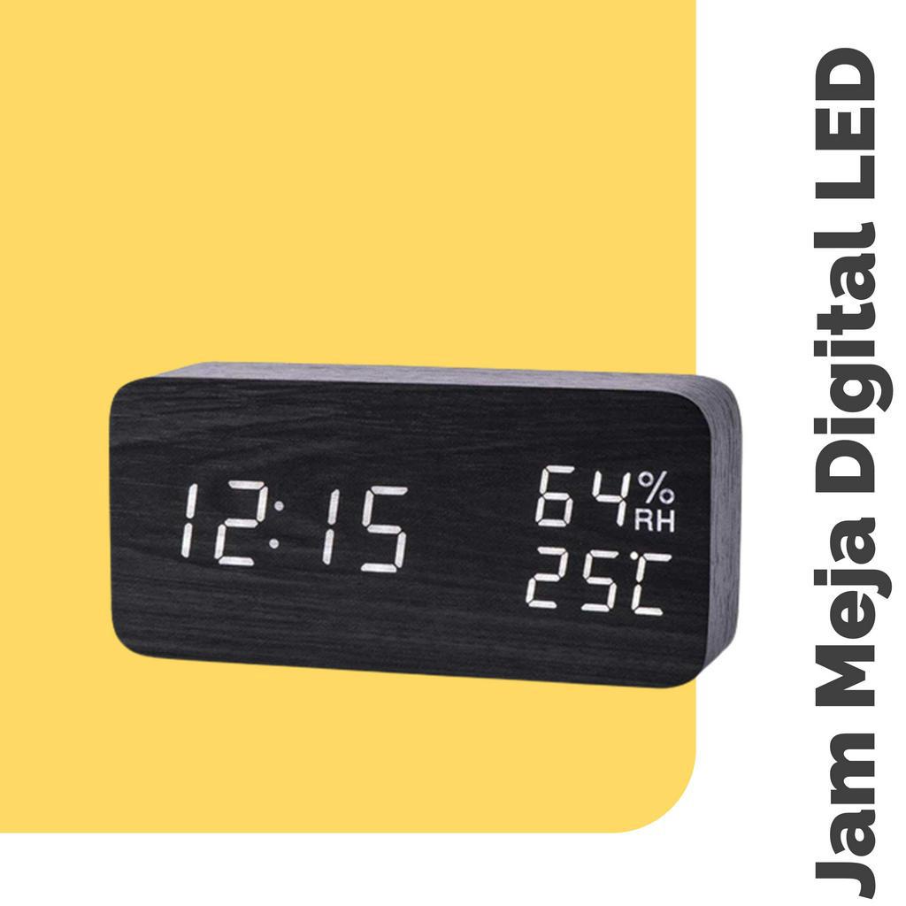 Jam Meja Digital Aesthetic LED Kayu Clock Temperature Suhu Kelembaban Humidity Control -SQ70