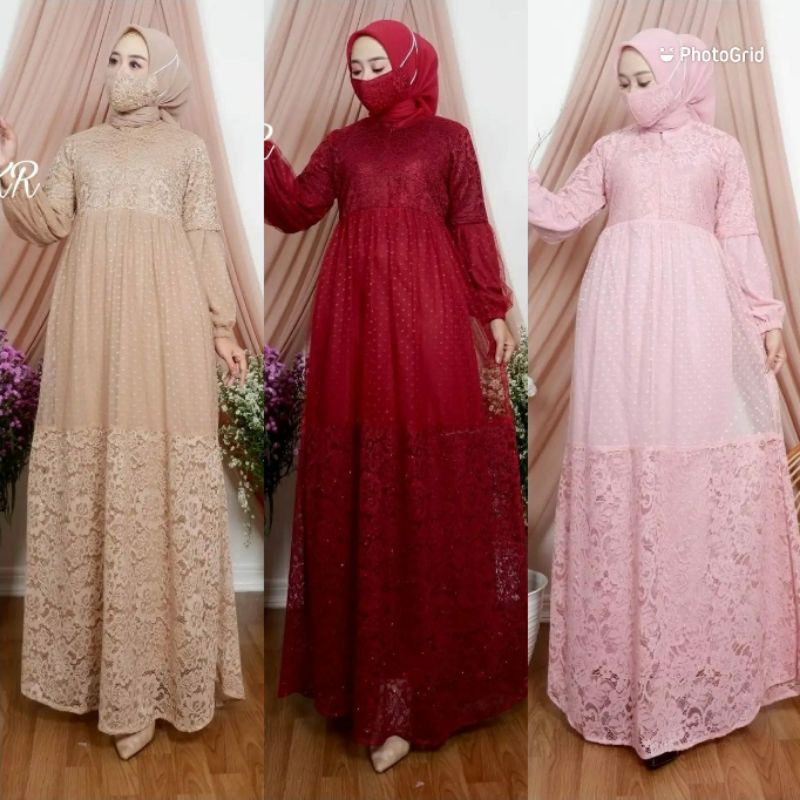 GAMIS BRUKAT TILE DOT DRESS TERBARU PESTA GAMIS MUSLIM PESTA GAMIS LEBARAN BAJU LEBARAN MUSTIKA AG