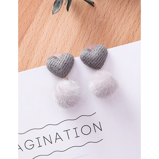 LRC Anting Tusuk Fashion Heart Shape Decorated Pom Ball Earrings