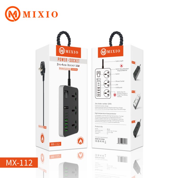 MIXIO MX-112 Power Socket Adaptor Charger Stop Kontak 2PD+4USB+3SOCKET