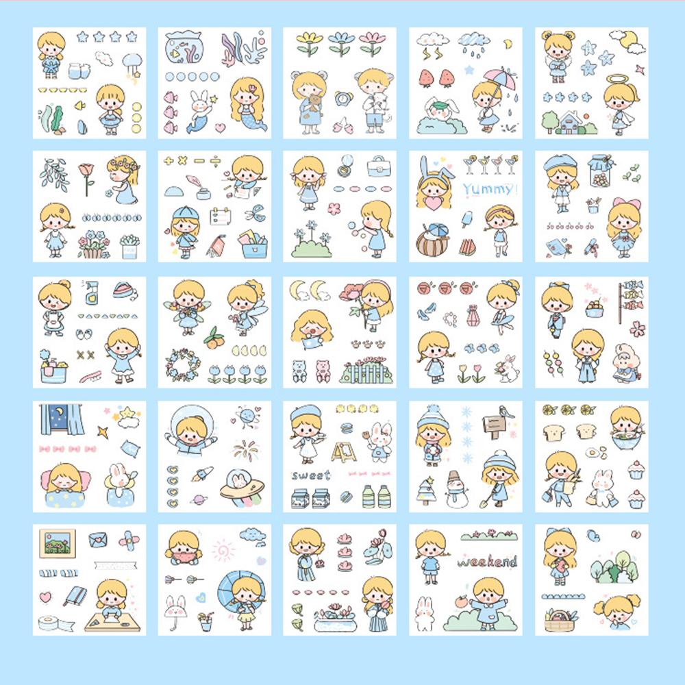 Stiker Dekorasi Karakter Agustina Tahan Air 100pcs/box Packing Dekorasi Minuman Makanan Pola Kehidupan Anak Perempuan Pola Kelinci Diary Album Foto Perekat Decals