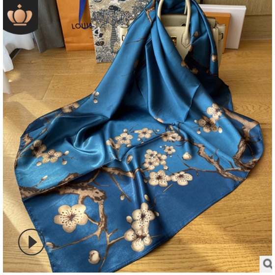 Musim Panas Syal Sutra Wanita Tipis 90*90 Satin Explosive Selendang Bernapas Fashion Jilbab Retro Klasik Syal/Musim Semi dan Musim Panas Elegan Plum Blossom 3D Chiffon Positioning Printing Fabric