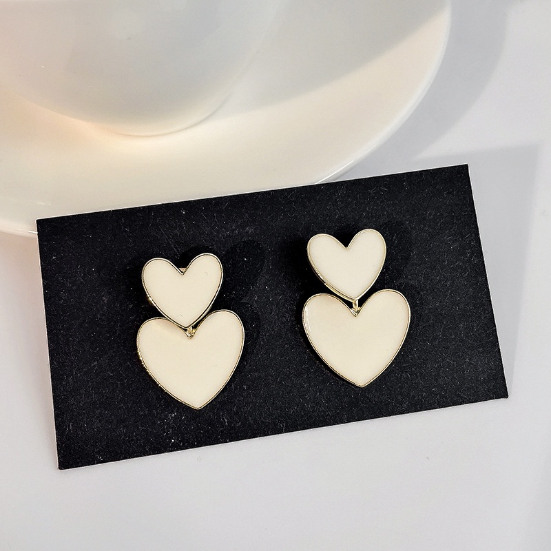 Korean Version of Milky White Double Love Earrings for Girls  Simple and Sweet Earrings  Women's Fashion Jewelry Accessories