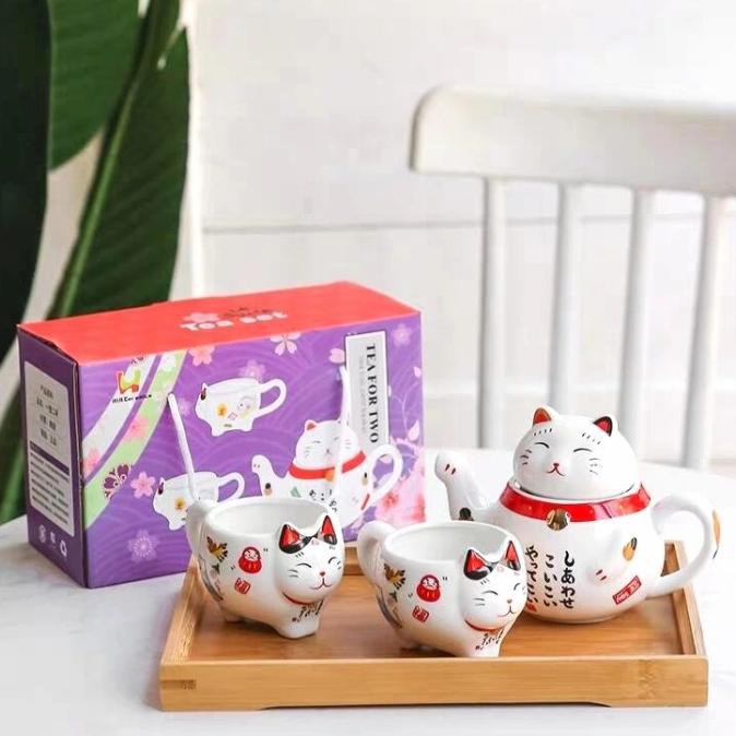 Teko Gelas Set Keramik Maneki Neko Kucing Hoki Kado Ultah Tea Set
