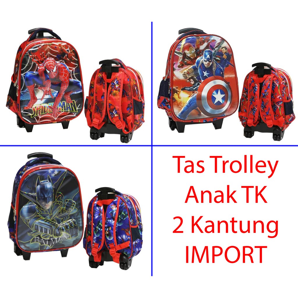 Tas Trolley Anak TK Karakter Spiderman Avengers Batman - 2 Kantung IMPORT