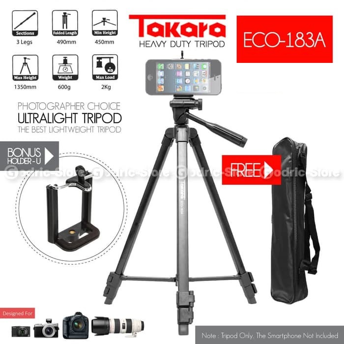 Takara Tripod ECO-183A Camera DSLR 183A FREE Bag &amp; HOLDER U Smartphone