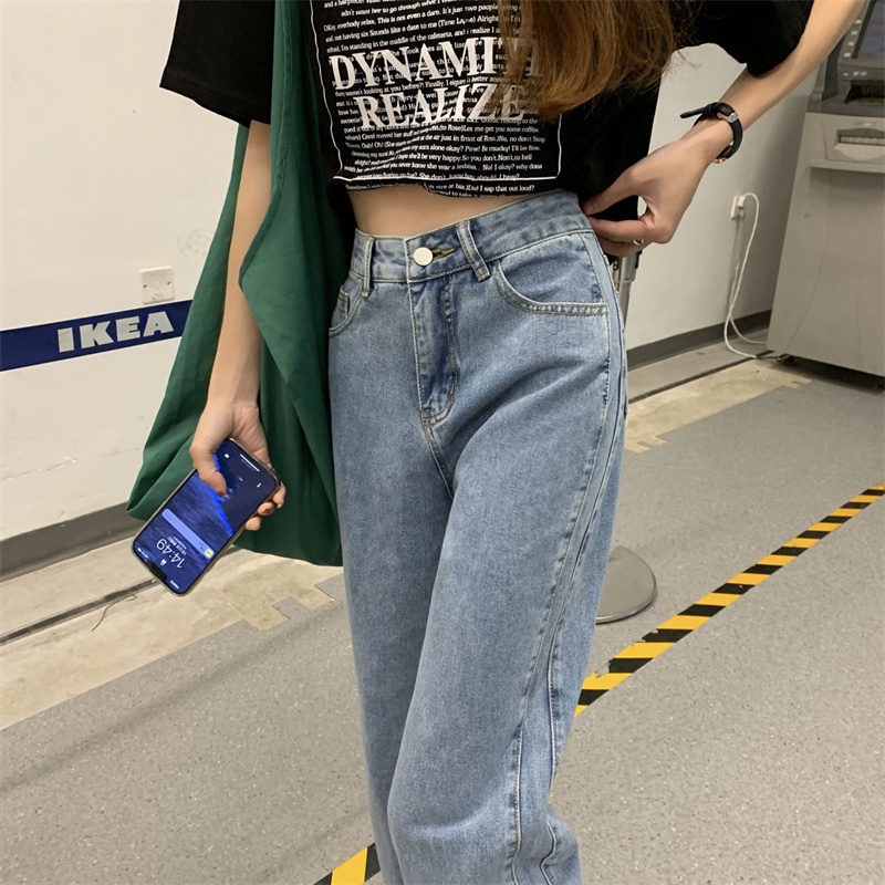 New  Korean Style Biru muda high waist straight celana jeans panjang wanita