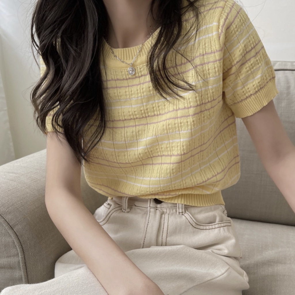 Super66 Baju Atasan Wanita Korean Knit Crop Top/ Korean Stripped/ stripped short sleeve