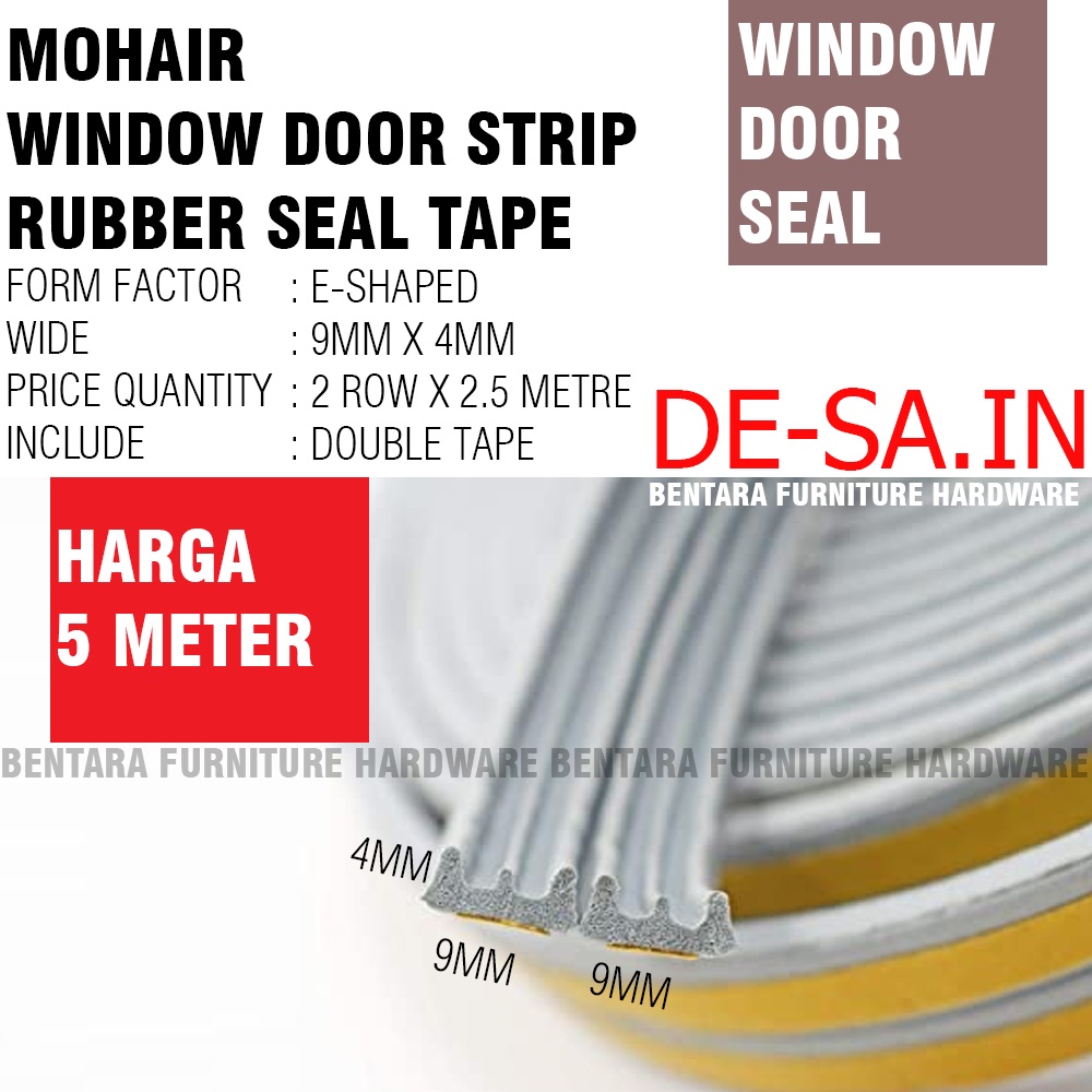 5 METER TIPE-E Moher Window Door Seal Strip ABU GREY Mohair Karet Double Tape Self Adhesive Celah Pintu Jendela EPDM FOAM RUBBER