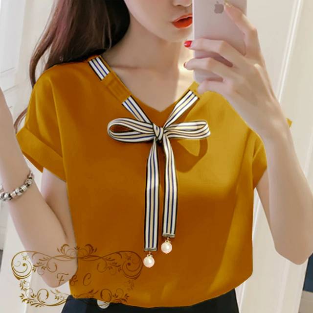 BISA COD - BLOUSE LAURA Blouse Korean Style Wanita Remaja Atasan Kaos Blouse Wanita Dewasa Lengan Pendek Bahan Balotelly-7