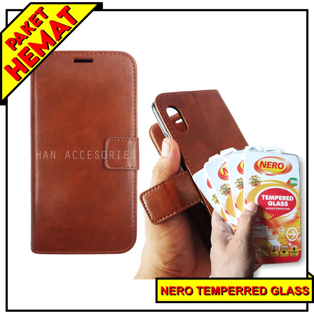 (PAKET HEMAT) Fashion Selular Flip Leather Case Samsung Galaxy A02 Flip Cover Wallet Case Flip Case + Nero Temperred Glass