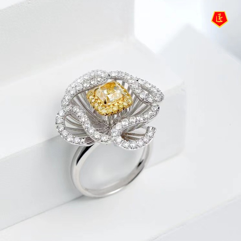 [Ready Stock]Luxury Micro-Inlaid Diamond Clover Flower Yellow Diamond Ring